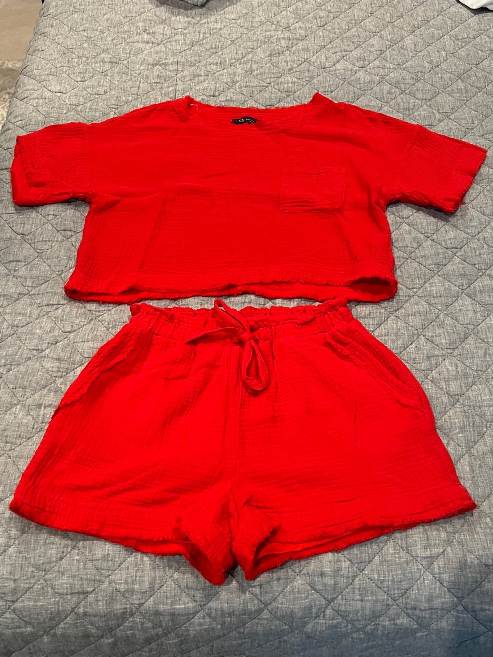 Women’s Red Two Piece Lounge Set - Crop Tee & Drawstring Shorts